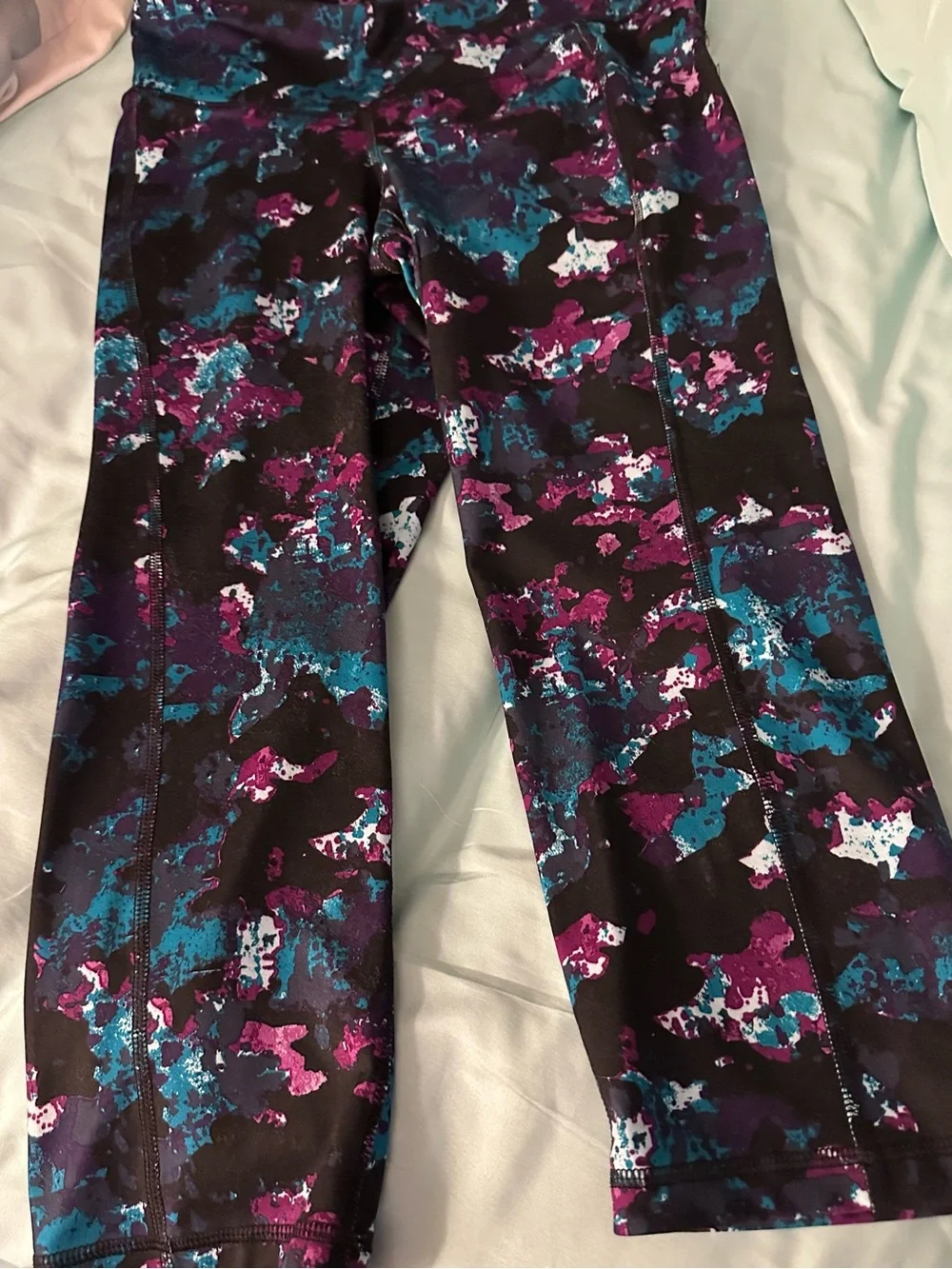 Old Navy Black Leggings with Pink, Teal & Purple Abstract Print